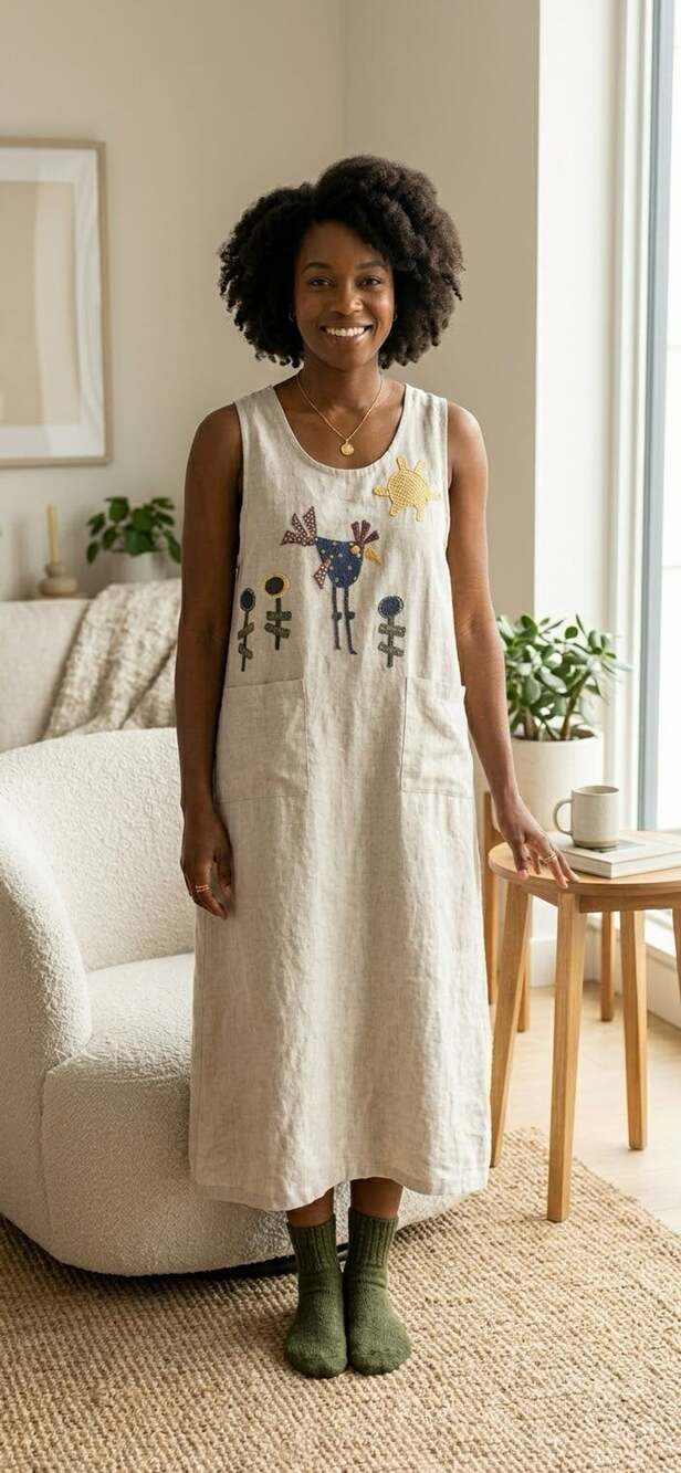 Mishi 100% Wearable Linen Jumper Dress with Bird and Sun Applique XL
